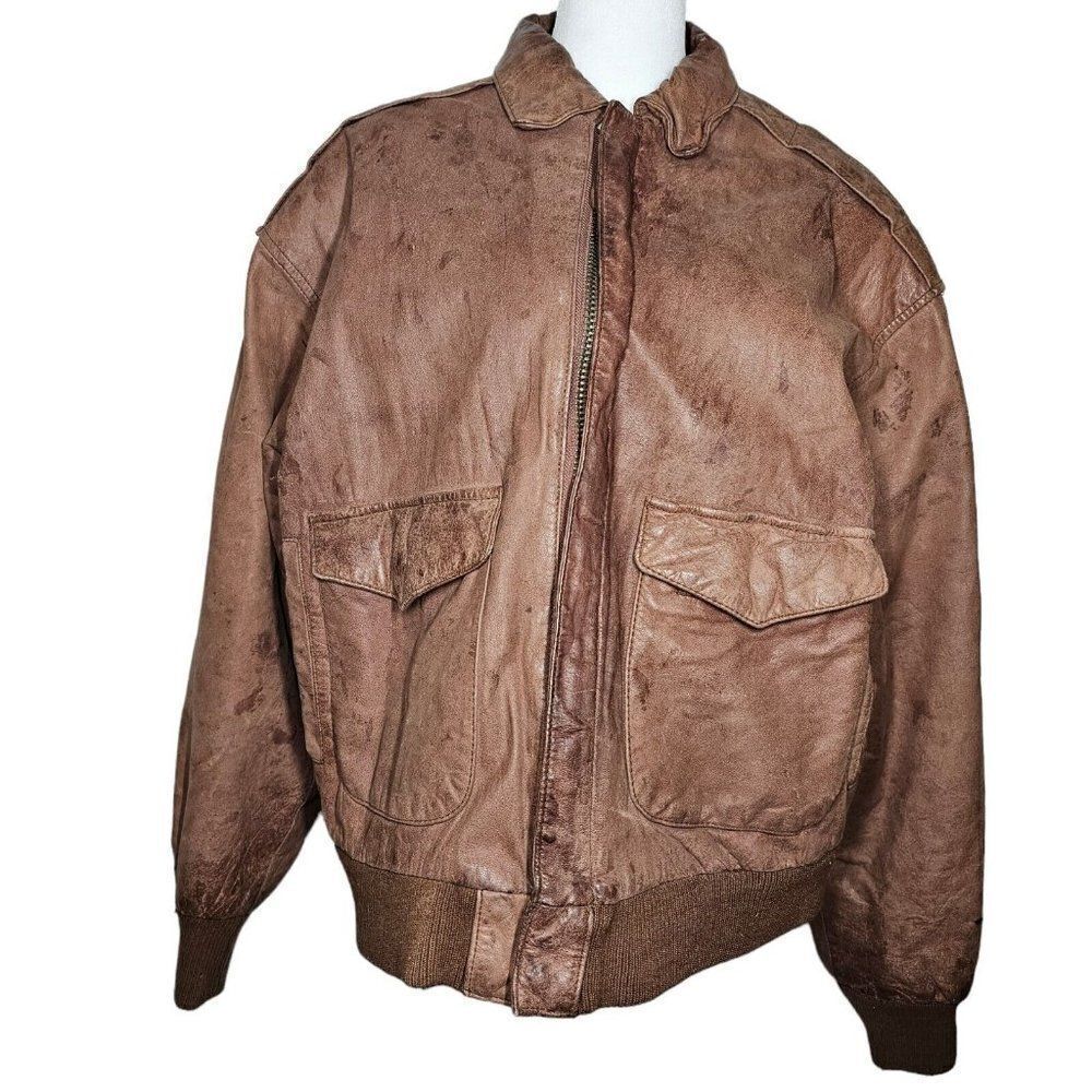 Vintage 80s Leather Bomber Flight Jacket Mens Size Medium Brown Soft